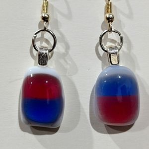 Artisan handmade Fused glass pink and blue dangling flipped earrings.